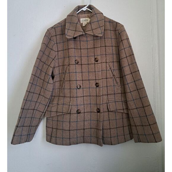 Vintage j Crew Women Small Wool Cashmere coat Double Breasted Taupe Windowpane - Picture 1 of 7